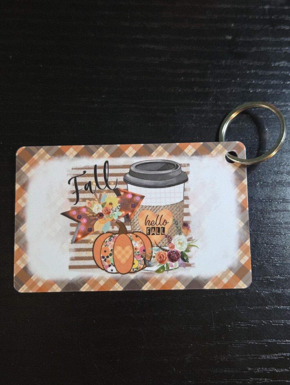 Fall Hello Pumpkin Keycard Keychain Tag - Orange Plaid